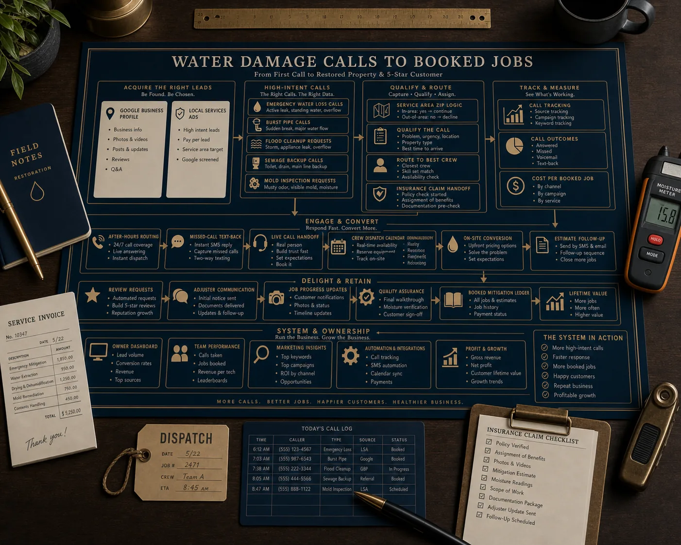 Premium water damage restoration calls to booked mitigation jobs schematic showing Google Business Profile, Local Services Ads, emergency water loss calls, burst pipe calls, flood cleanup requests, sewage backup calls, mold inspection requests, insurance claim handoff, after-hours routing, crew dispatch, equipment availability, estimate follow-up, adjuster communication, review requests, booked mitigation ledger, and owner dashboard.