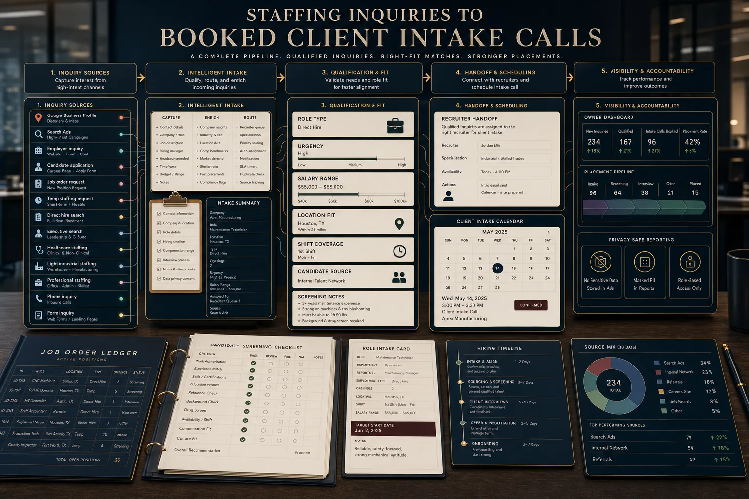 Premium staffing agency inquiries to booked client intake calls schematic showing Google Business Profile, Search Ads, employer inquiries, candidate applications, job order requests, temp staffing requests, direct hire search, executive search, healthcare staffing, light industrial staffing, professional staffing, phone inquiries, form inquiries, role type, urgency, salary range, location fit, shift coverage, candidate source, screening notes, recruiter handoff, client intake calendar, placement pipeline, owner dashboard, job order ledger, candidate screening checklist, source mix, and privacy-safe reporting.