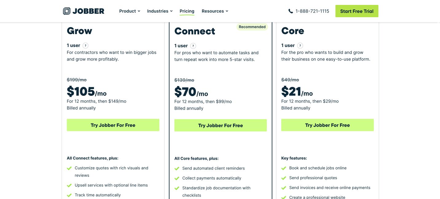 Jobber official pricing page showing current plans