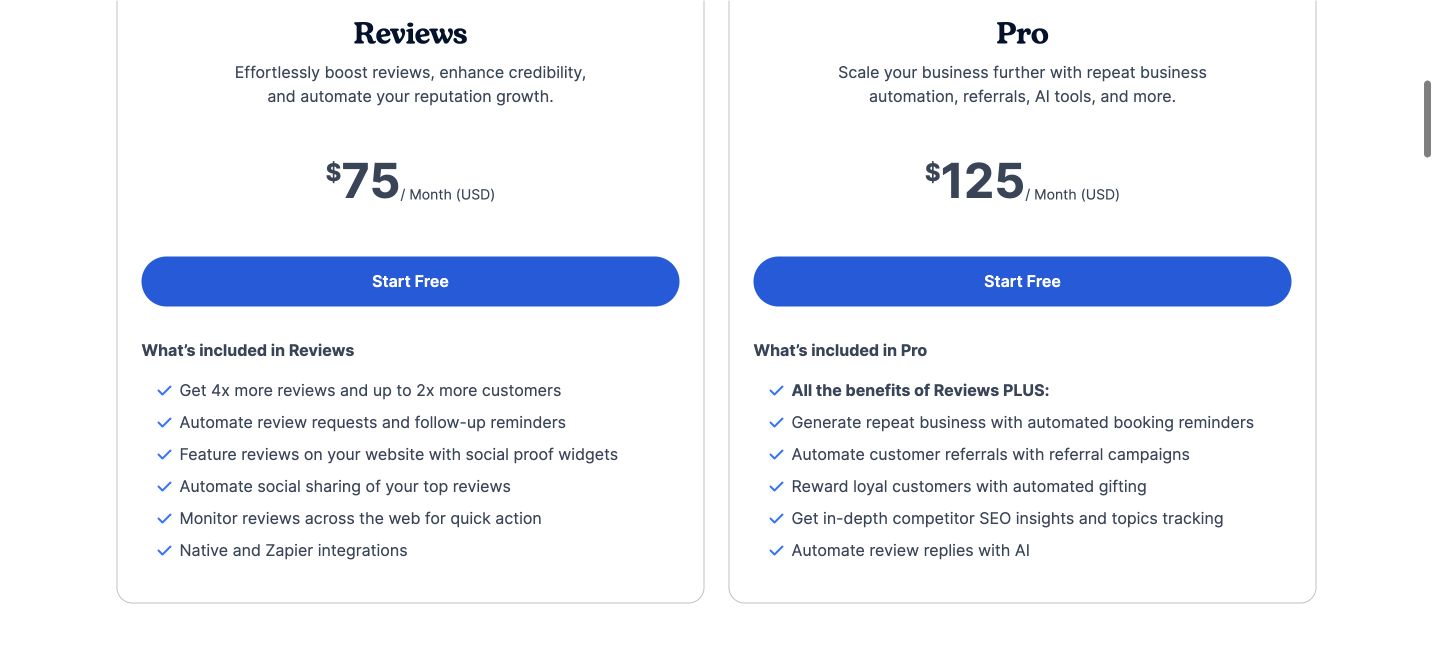 NiceJob official pricing page showing Reviews and Pro plans