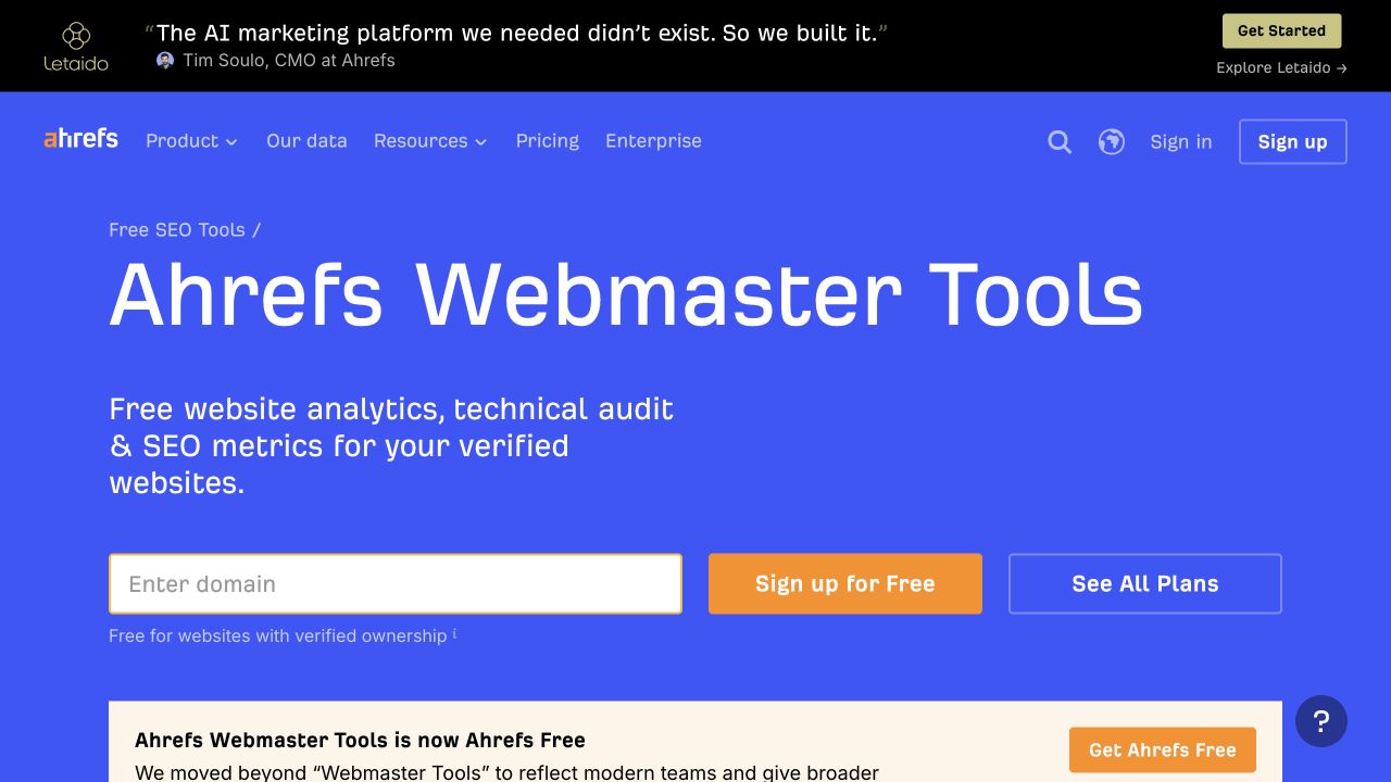 Ahrefs Webmaster Tools official page