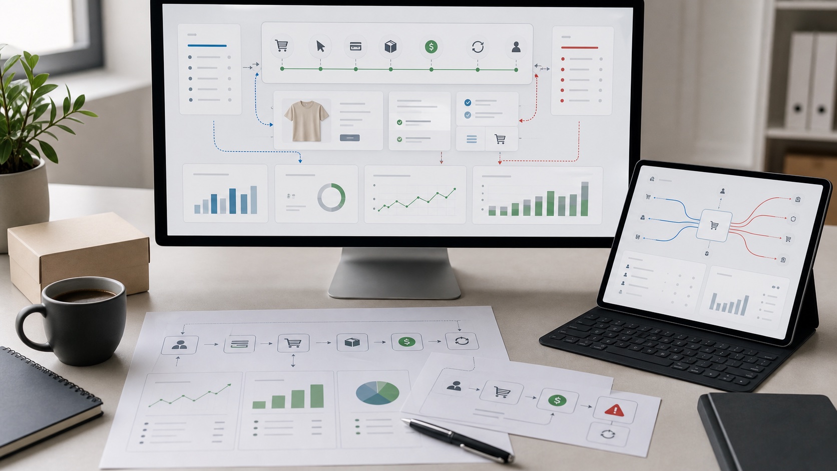 Ecommerce revenue workspace showing ad performance screens, order flow, margin signals, refund indicators, and channel notes