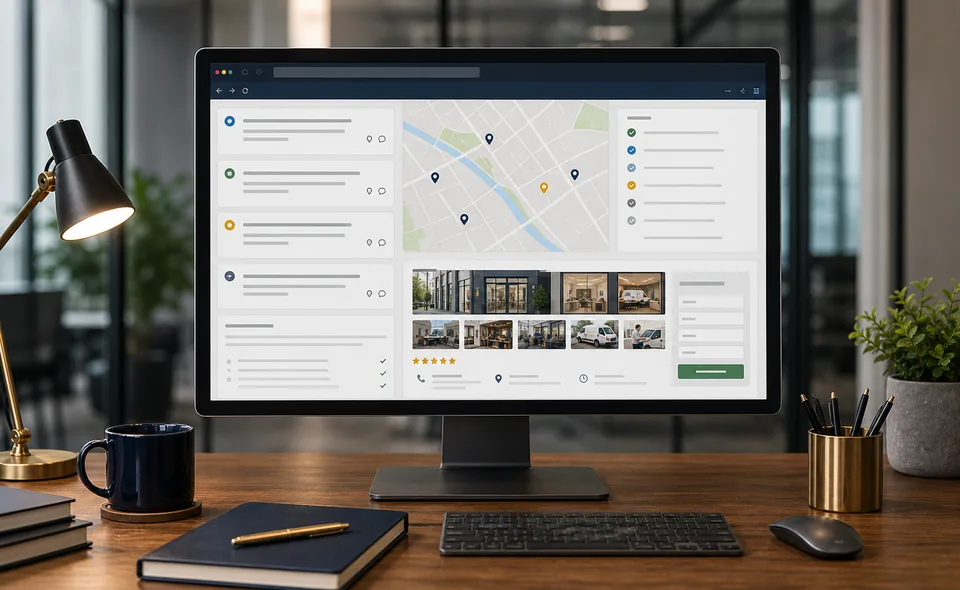 Realistic desk monitor showing a local business AI search planning workspace with map pins, source checks, and landing page proof blocks