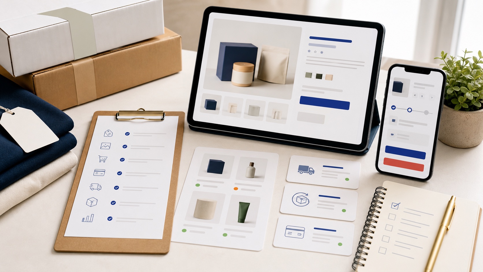 Shopify store readiness workspace showing product page planning, mobile checkout, shipping cards, product feed tiles, and ecommerce checklist