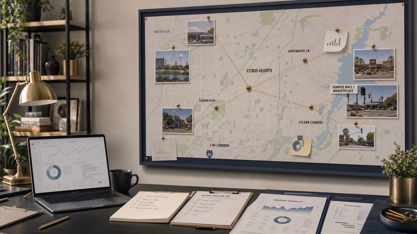Citrus Heights SEO and AI visibility review workspace with city service-area map, search visibility reports, call tracking notes, and quote follow-up materials.