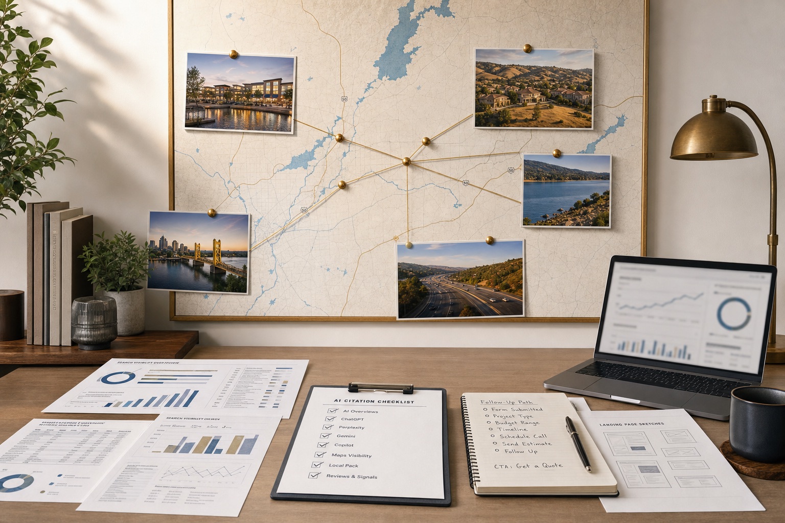 El Dorado Hills SEO and AI visibility review workspace with Highway 50 corridor wall map, search visibility reports, AI citation notes, call tracking sheets, and quote follow-up materials.