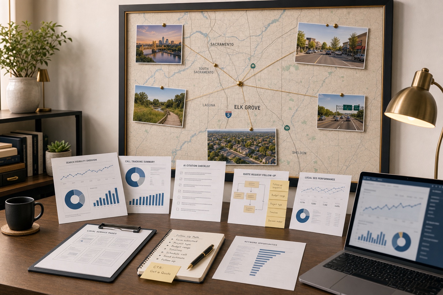 Elk Grove SEO and AI visibility review workspace with Sacramento County wall map, search visibility reports, call tracking sheets, quote request notes, and analytics dashboard.