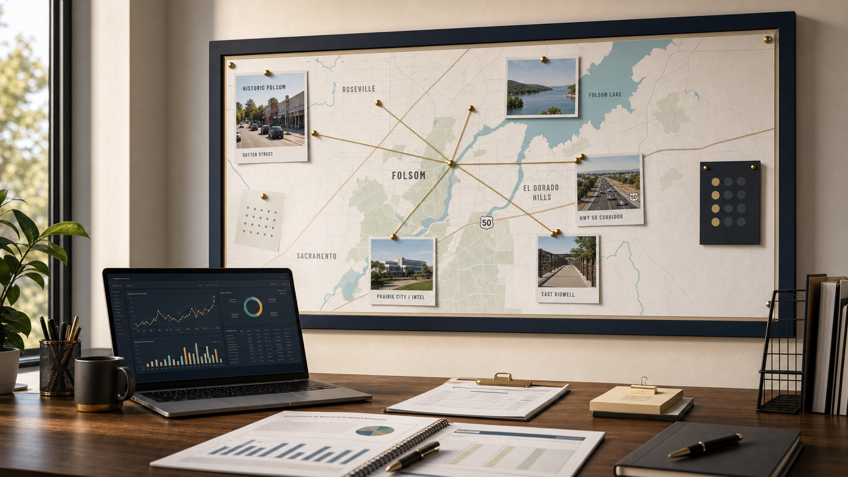 Folsom SEO and AI visibility review workspace with service-area wall map, search visibility reports, analytics dashboard, and quote follow-up materials.