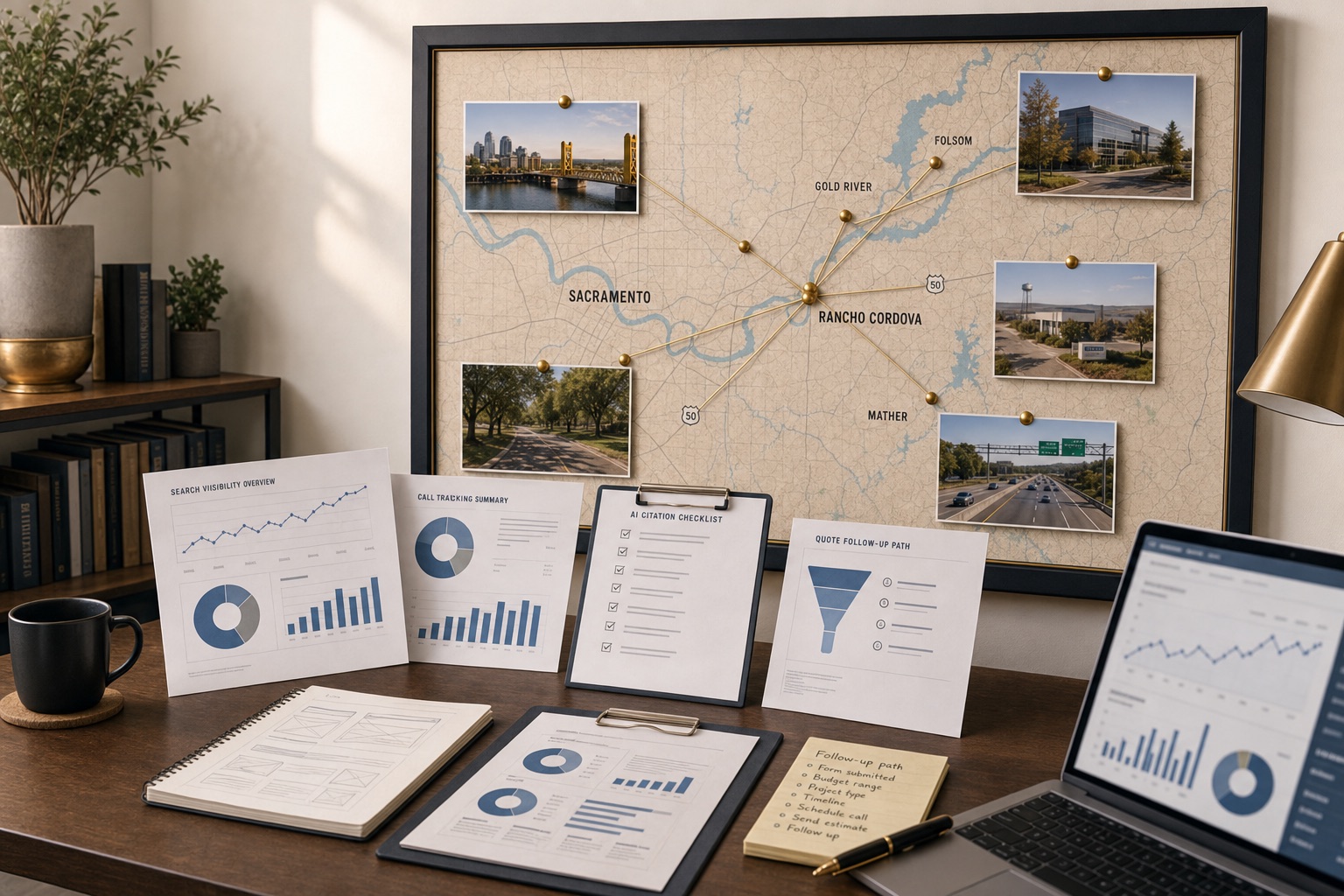 Rancho Cordova SEO and AI visibility review workspace with Highway 50 corridor wall map, search visibility reports, call tracking sheets, proposal follow-up notes, and analytics dashboard.