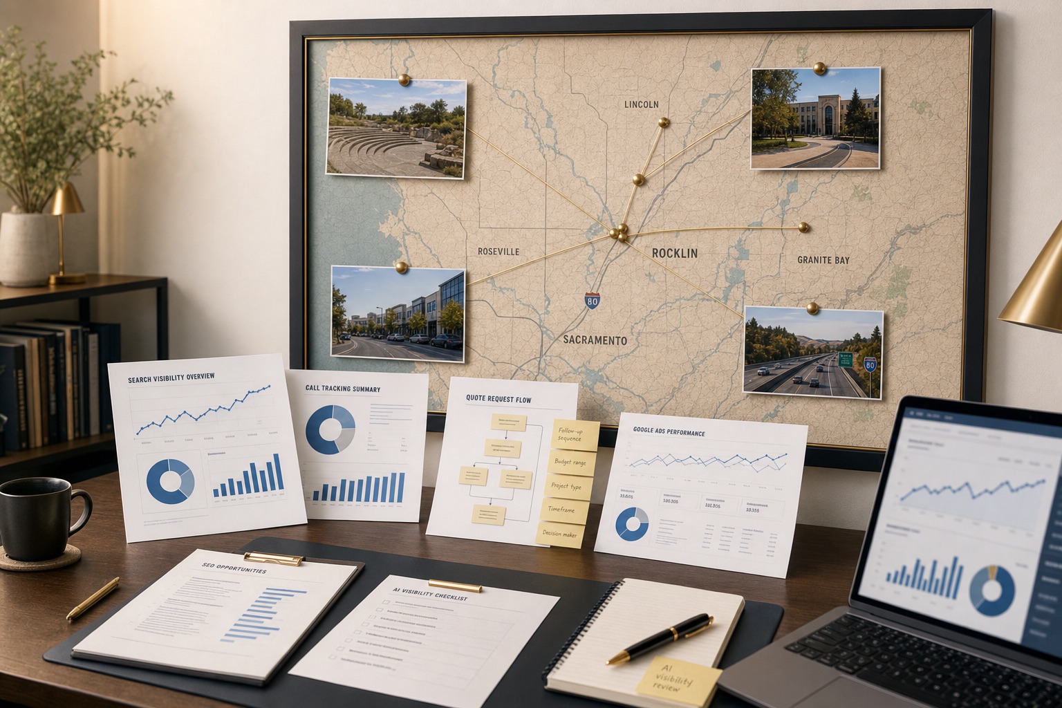 Rocklin SEO and AI visibility review workspace with Placer County wall map, search visibility reports, call tracking sheets, quote request notes, and analytics dashboard.