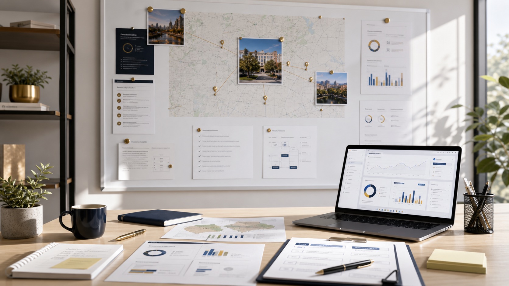 Roseville SEO and AI visibility review workspace with search visibility notes, AI answer coverage, analytics screen, and local business marketing materials.
