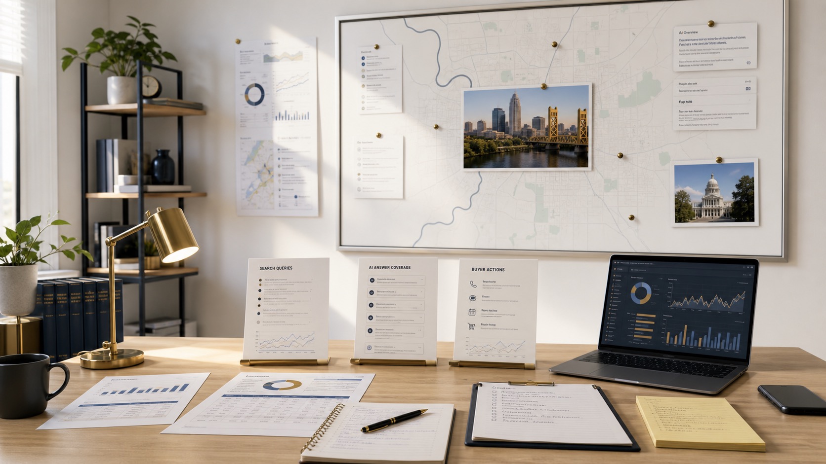 Sacramento SEO and AI visibility review workspace with search visibility notes, AI answer coverage, analytics screen, and local business marketing materials.