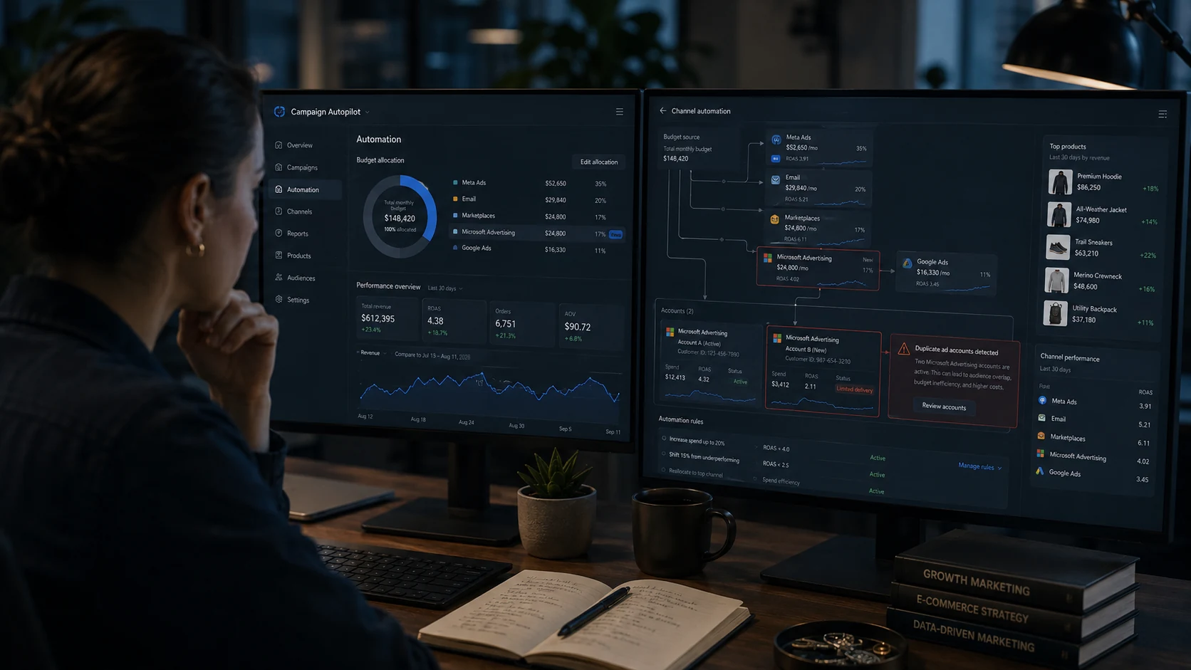 Shopify Campaign Autopilot budget allocation across Meta, email, marketplaces, Microsoft Advertising, and Google Ads, with a duplicate Microsoft Advertising account flagged for review.