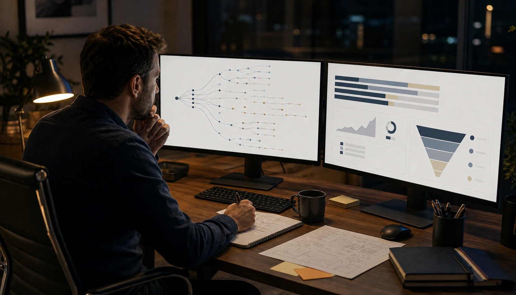 Marketing strategist reviewing a branching search-query map and a separate qualified-outcome funnel