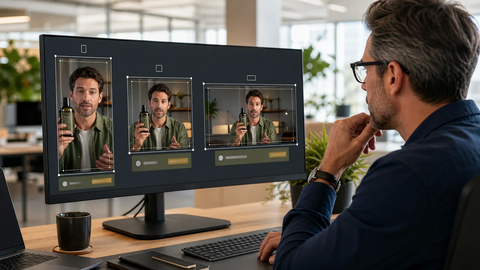 Paid media creative director reviewing vertical, square, and landscape versions of the same product video before launch