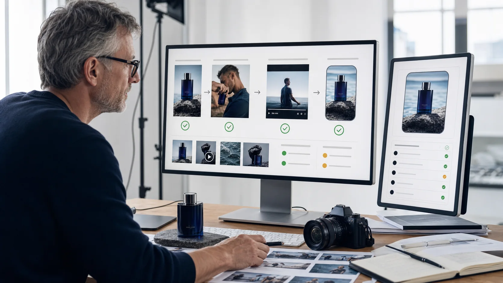 Creative approval desk showing source photography, generated variations, review status, and final ad output