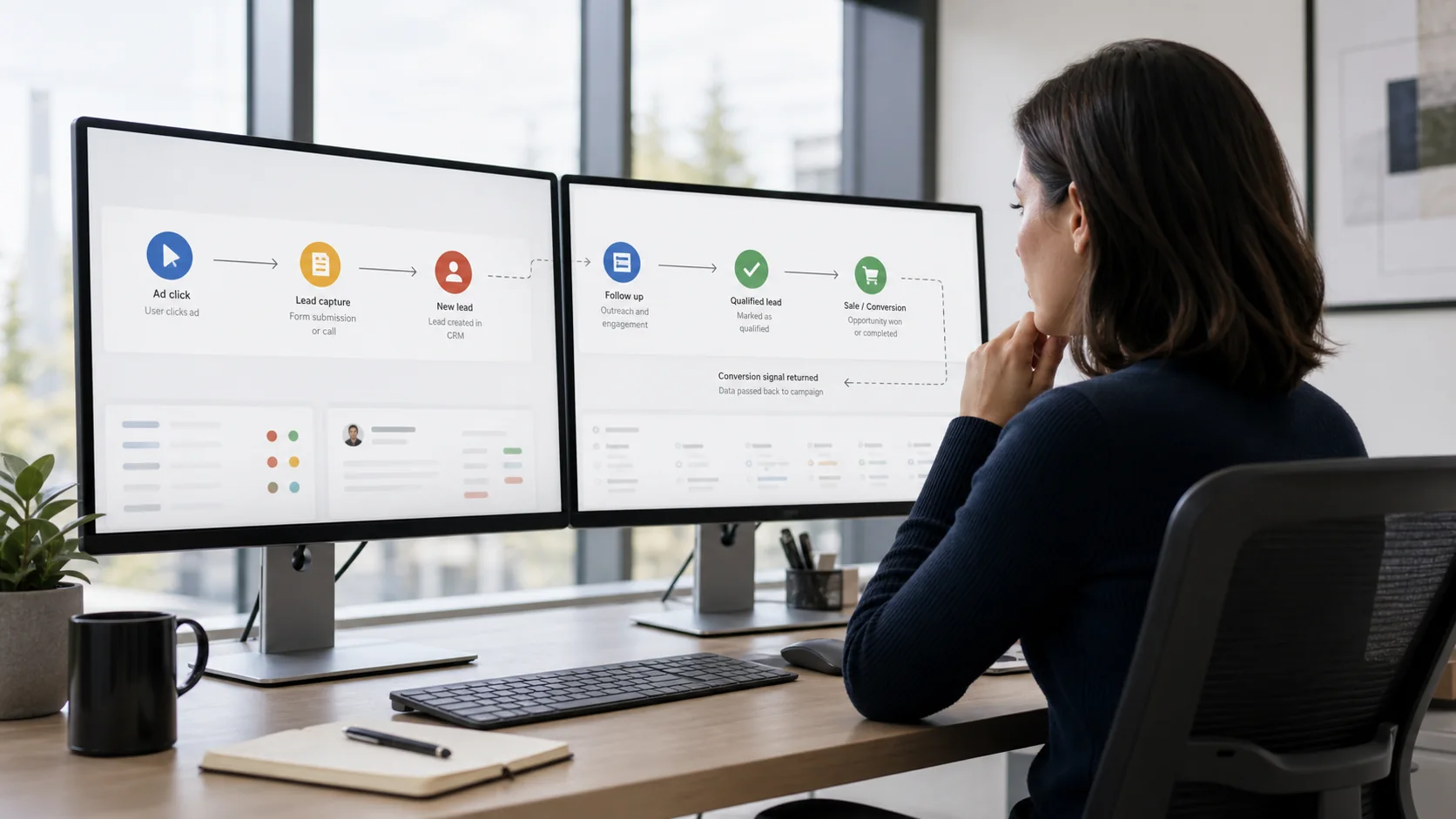 Flow showing an ad click becoming a lead, a qualified lead, a sale, and a conversion signal returned to the campaign