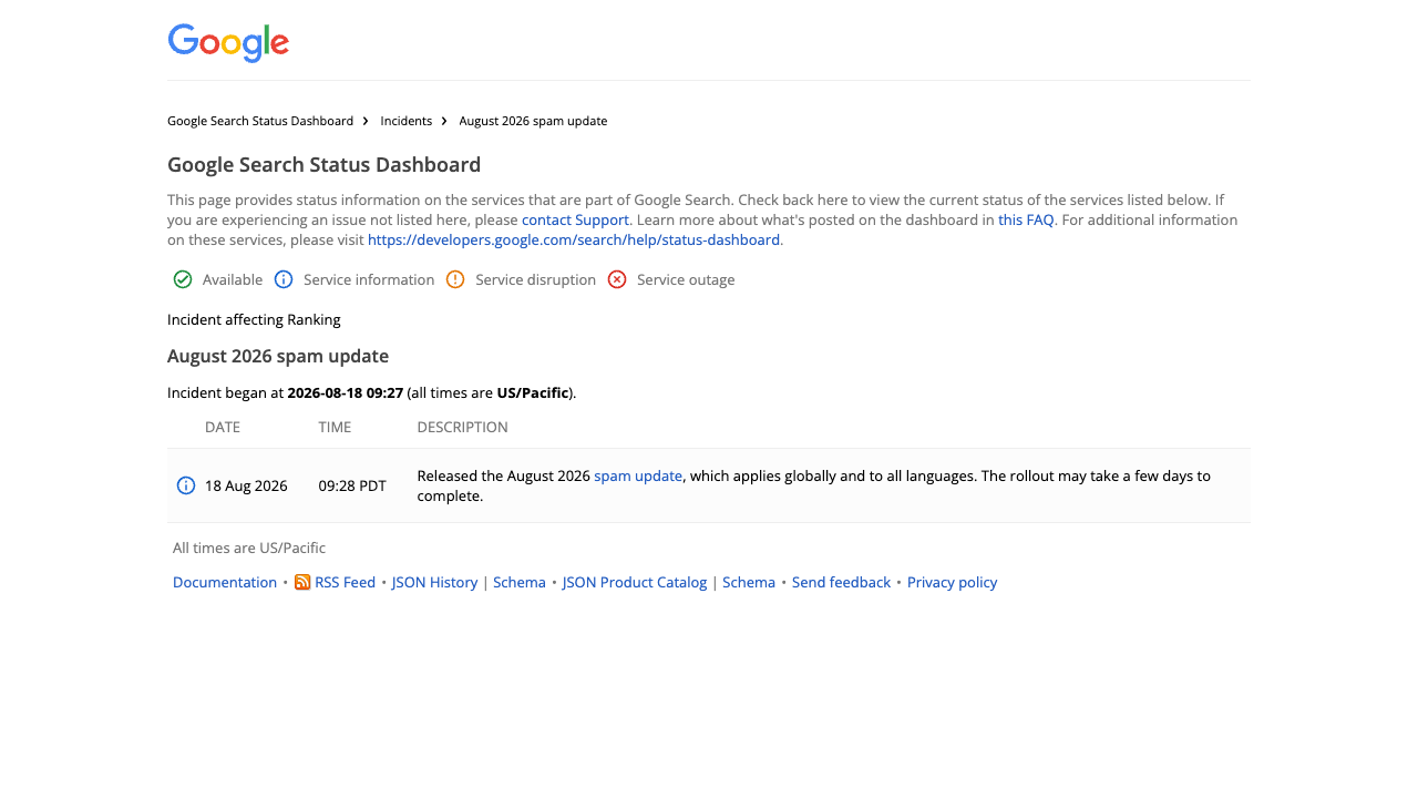 Google Search Status Dashboard recording the August 2026 spam update and its global all-language rollout