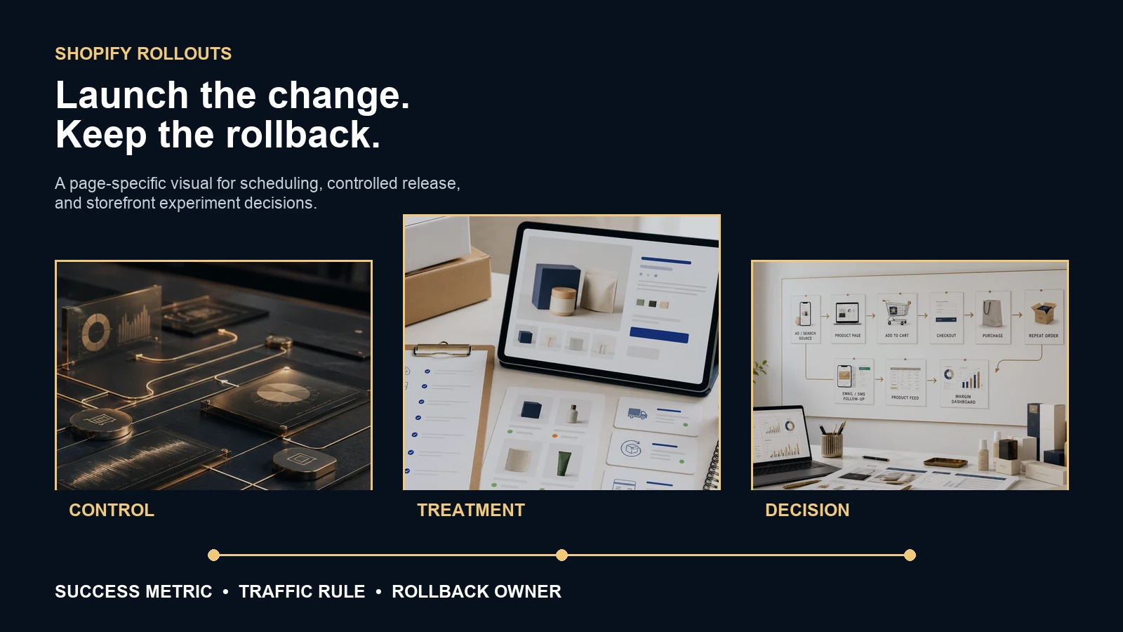 Editorial Shopify Rollouts visual comparing a control, treatment, success metric, traffic rule, and rollback owner