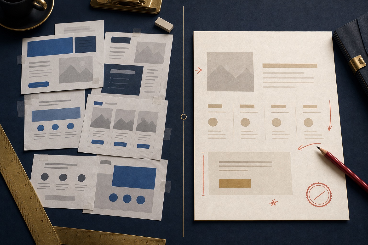 Printed message proofs showing cluttered pressure copy beside a cleaner buyer-recognition page proof