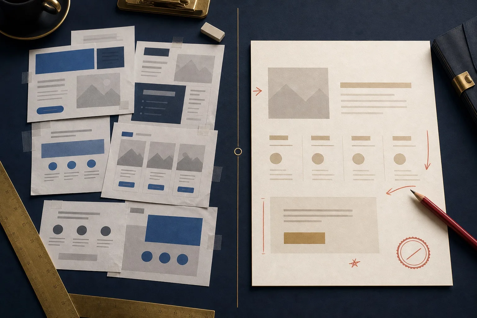 Printed message proofs showing cluttered pressure copy beside a cleaner buyer-recognition page proof