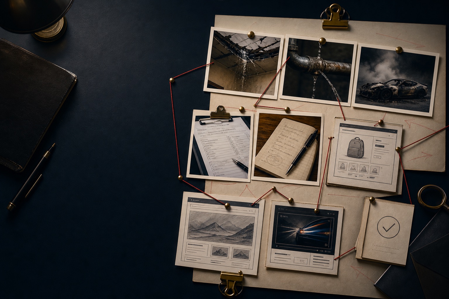 Diagnostic board connecting roof leak, broken pipe, burned car, health form, ecommerce page, ad frame, and proof card into one message path
