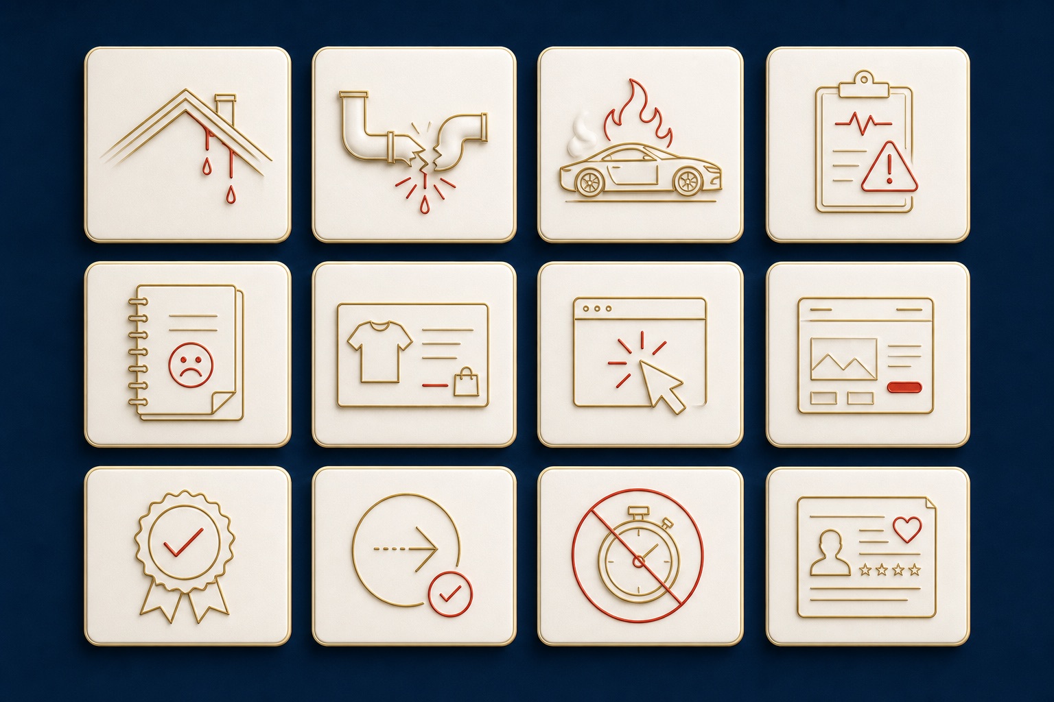 Premium icon sheet for message coherence diagnosis with roof leak, pipe leak, warning form, product page, ad click, proof badge, and next-step icons
