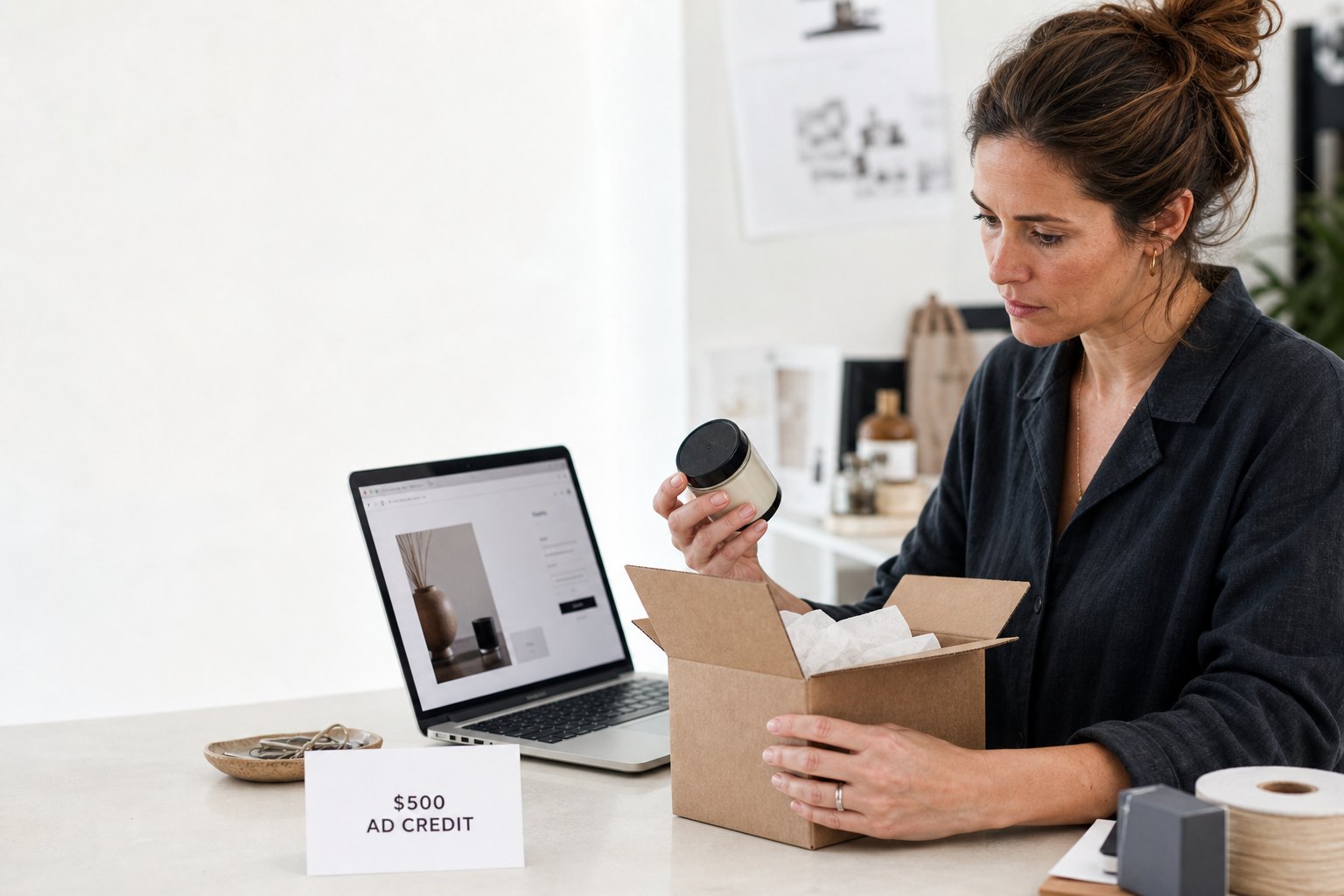 A business owner checks a product and her online shop beside an ad-credit offer.