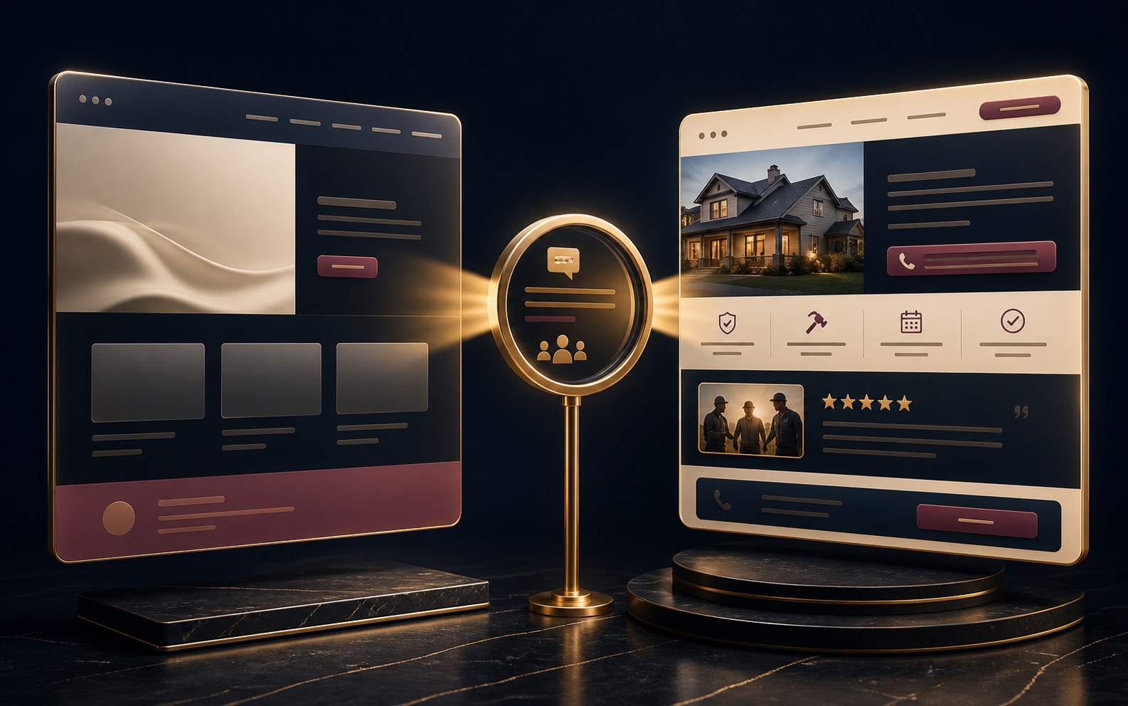 Two premium website panels under a diagnostic lens, contrasting empty polished design with clear human sales-page structure