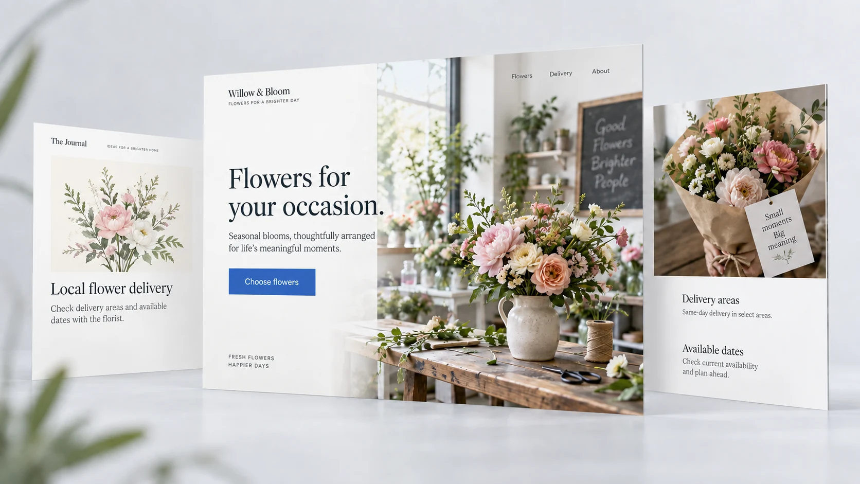 An illustrative florist website with flower photography, delivery details and a way to choose flowers.