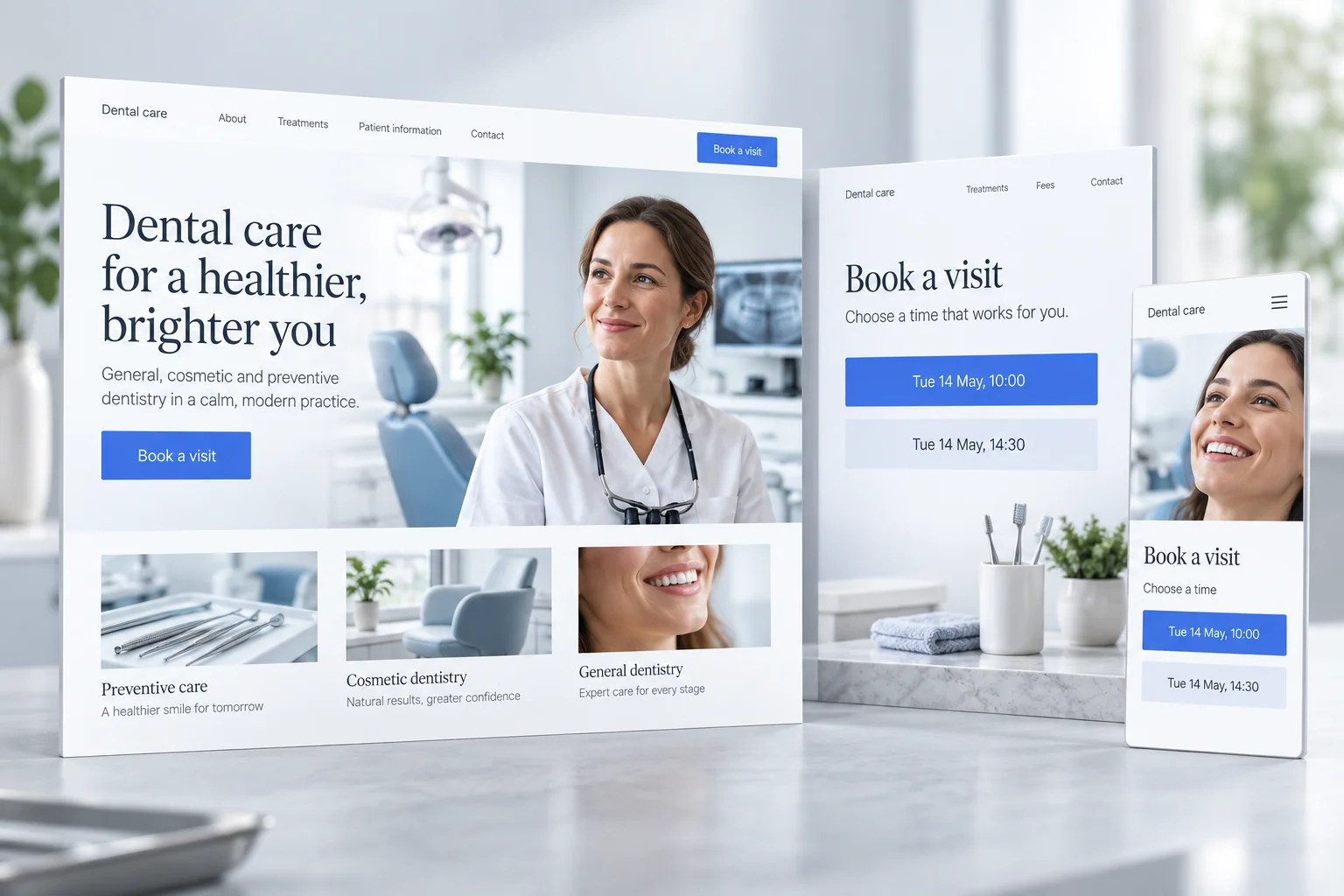 Illustrative dental website, booking page and mobile booking experience.