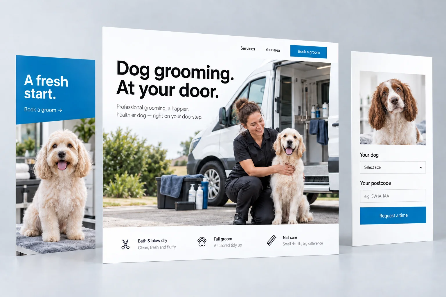 Illustrative dog grooming campaign: an ad, matching website and booking inquiry shown together.