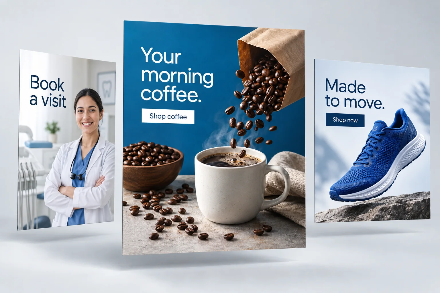 Illustrative ad creatives for a dental practice, coffee subscription and running shoes, presented as layered artboards.