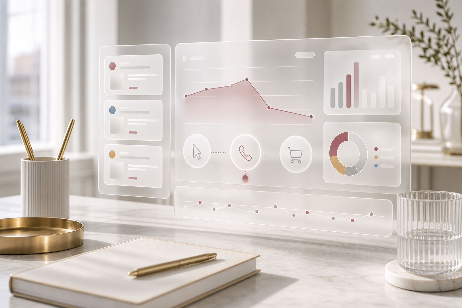 A paid-search dashboard with a liquid-glass focus over the weak conversion column.