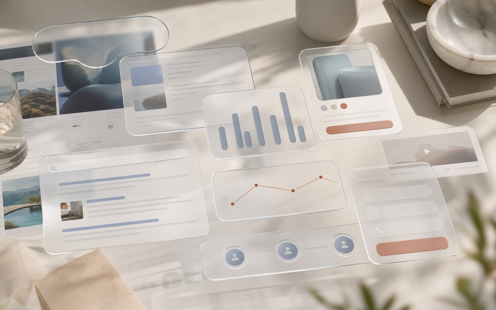 Illustrative marketing screens for traffic, website, ecommerce, search, and follow-up problems.