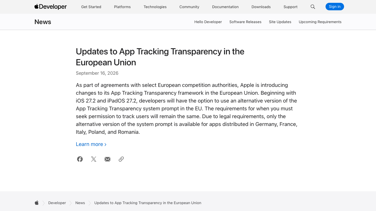 Apple Developer News announcement about App Tracking Transparency prompt changes in the European Union.