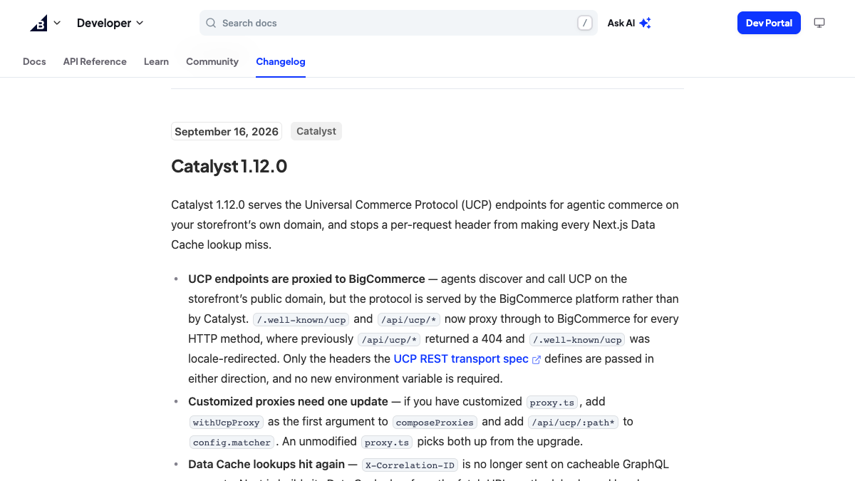BigCommerce developer changelog for Catalyst 1.12.0 with UCP proxy and data cache changes.