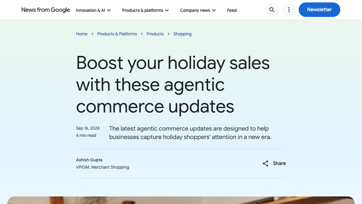 Google Shopping article announcing AI performance insights, a YouTube Business Agent beta, and UCP checkout updates.