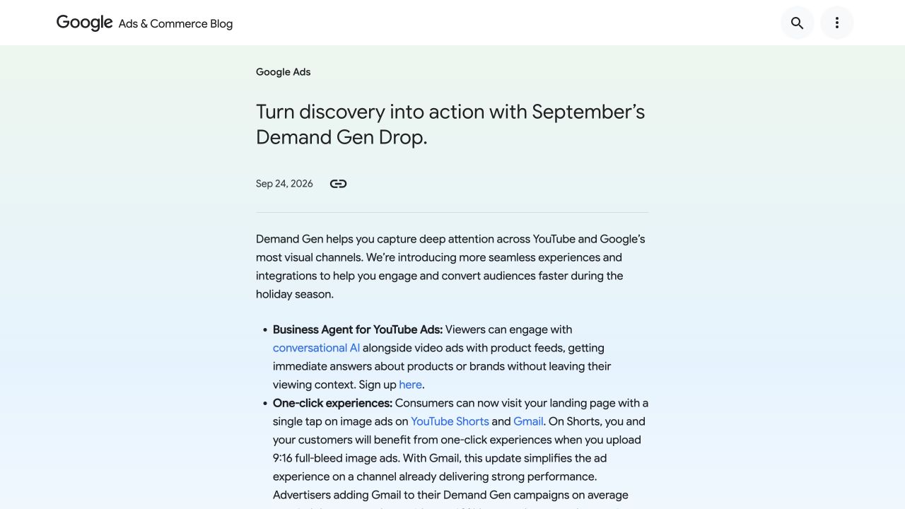 Google Ads & Commerce source announcement: Google adds one-click visits from Shorts and Gmail image ads