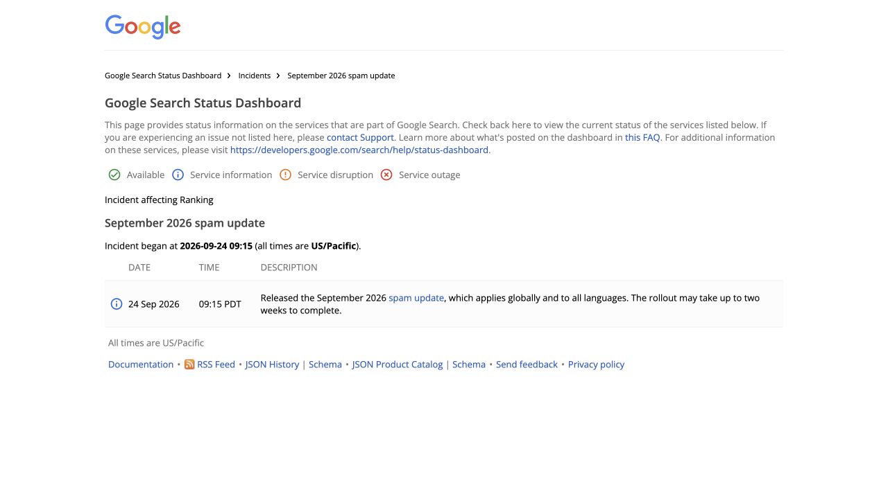Google Search Status Dashboard source announcement: Google’s September spam update is rolling out globally