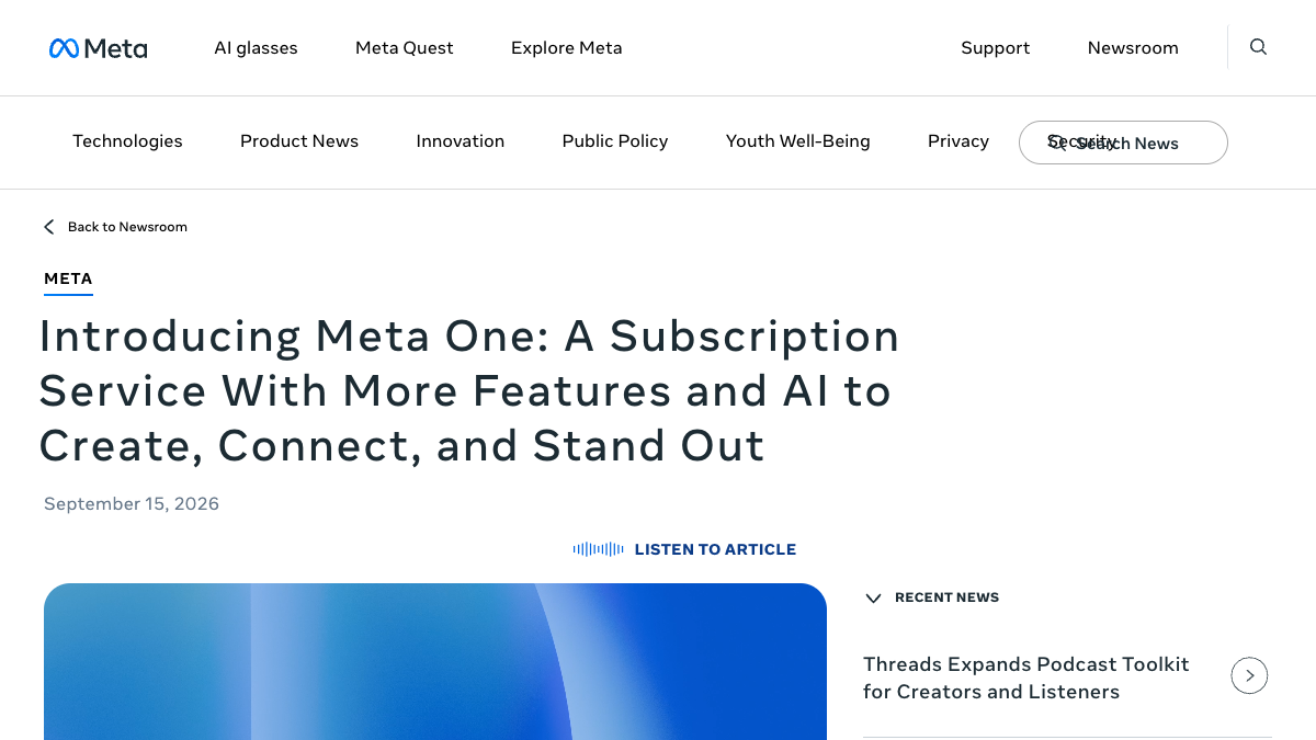 Meta Newsroom article introducing Meta One subscription plans for individuals, creators, and businesses.