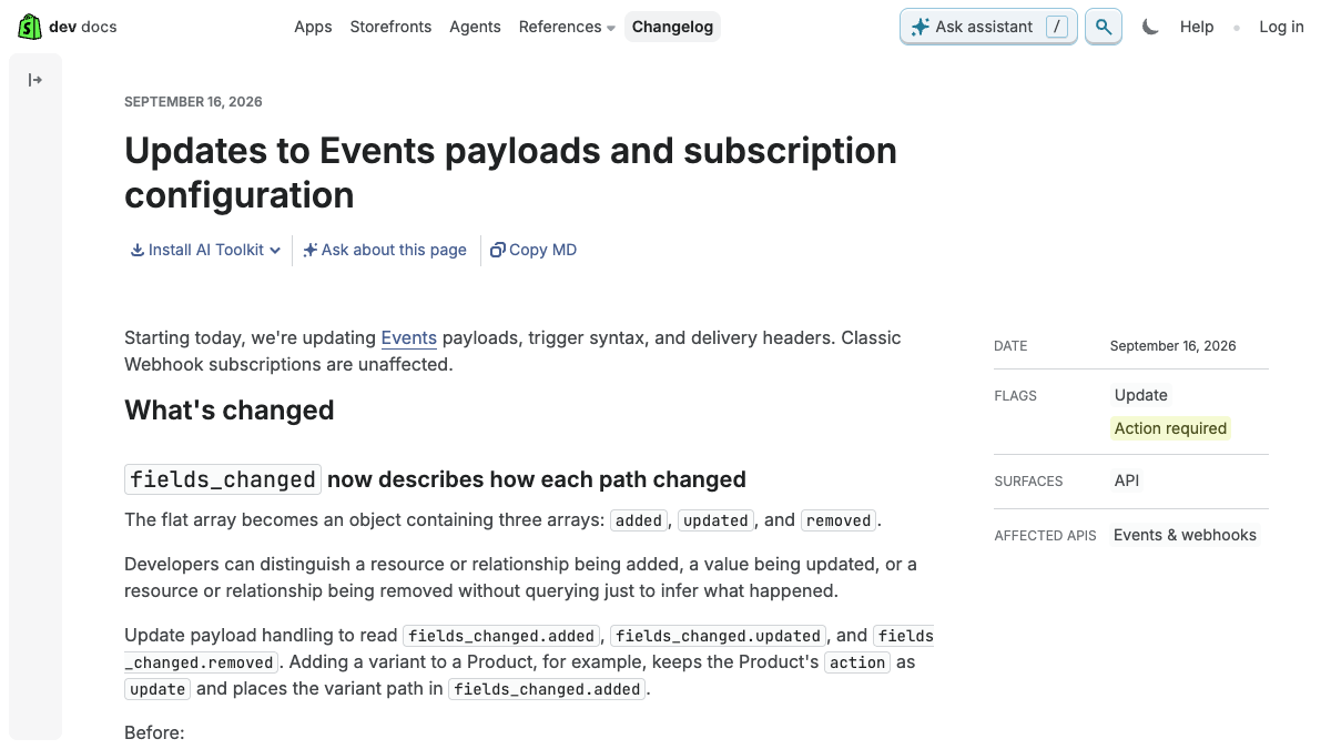 Shopify developer changelog marking Events payload and subscription configuration changes as action required.