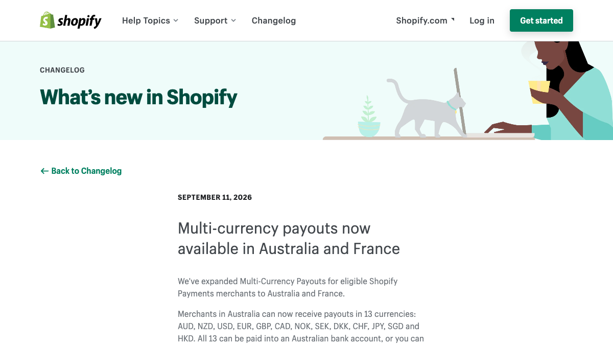 Shopify changelog announcing multi-currency payouts in Australia and France.