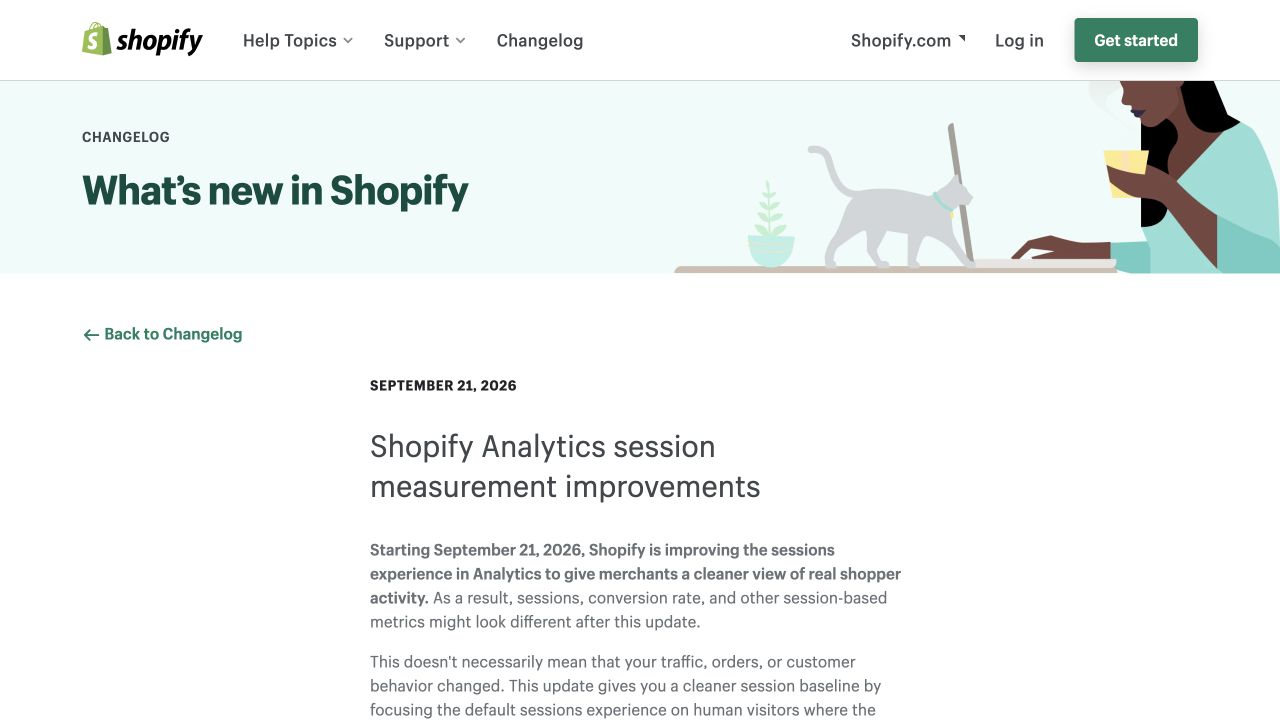 Shopify Changelog source announcement: Shopify changes session reporting: check your conversion baseline