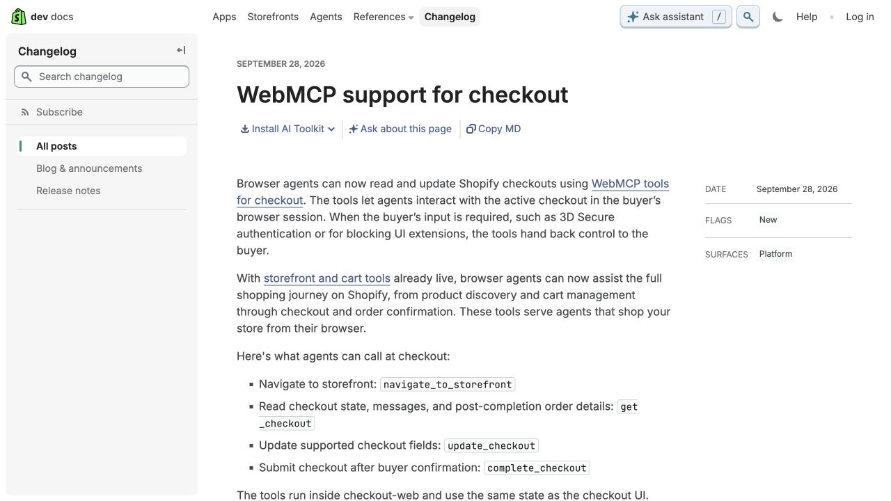 Shopify developer changelog source announcement: Shopify lets browser agents assist with checkout