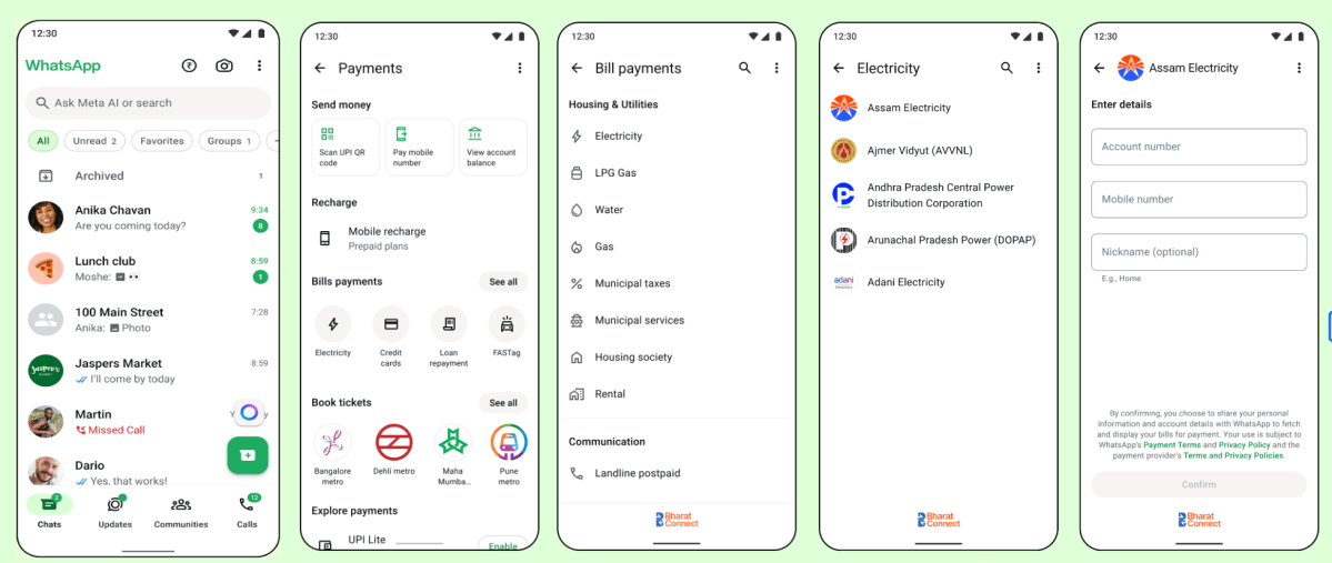 WhatsApp screens showing payments, bill categories, biller selection, and account details.