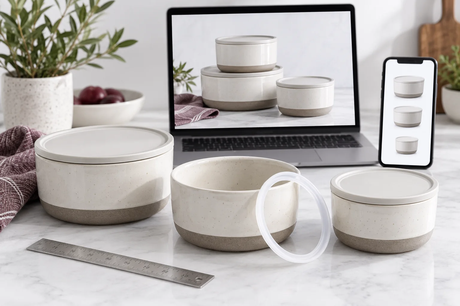 Illustrative ceramic storage containers beside a laptop and phone displaying matching product photographs