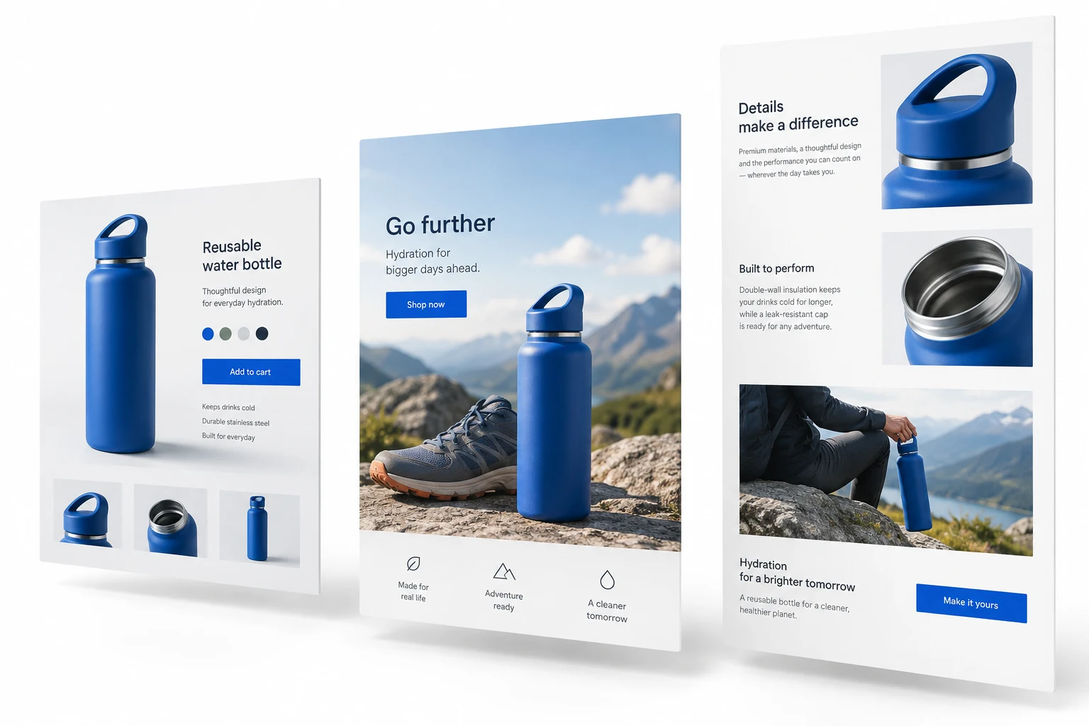 The same blue bottle presented as a product page, a campaign page and a longer product explanation