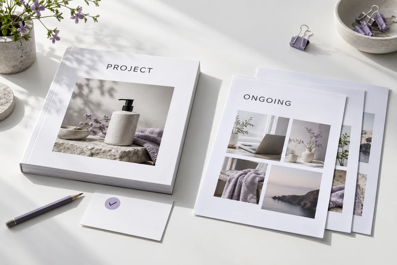 Illustrative project brief beside a sequence of ongoing marketing work sheets