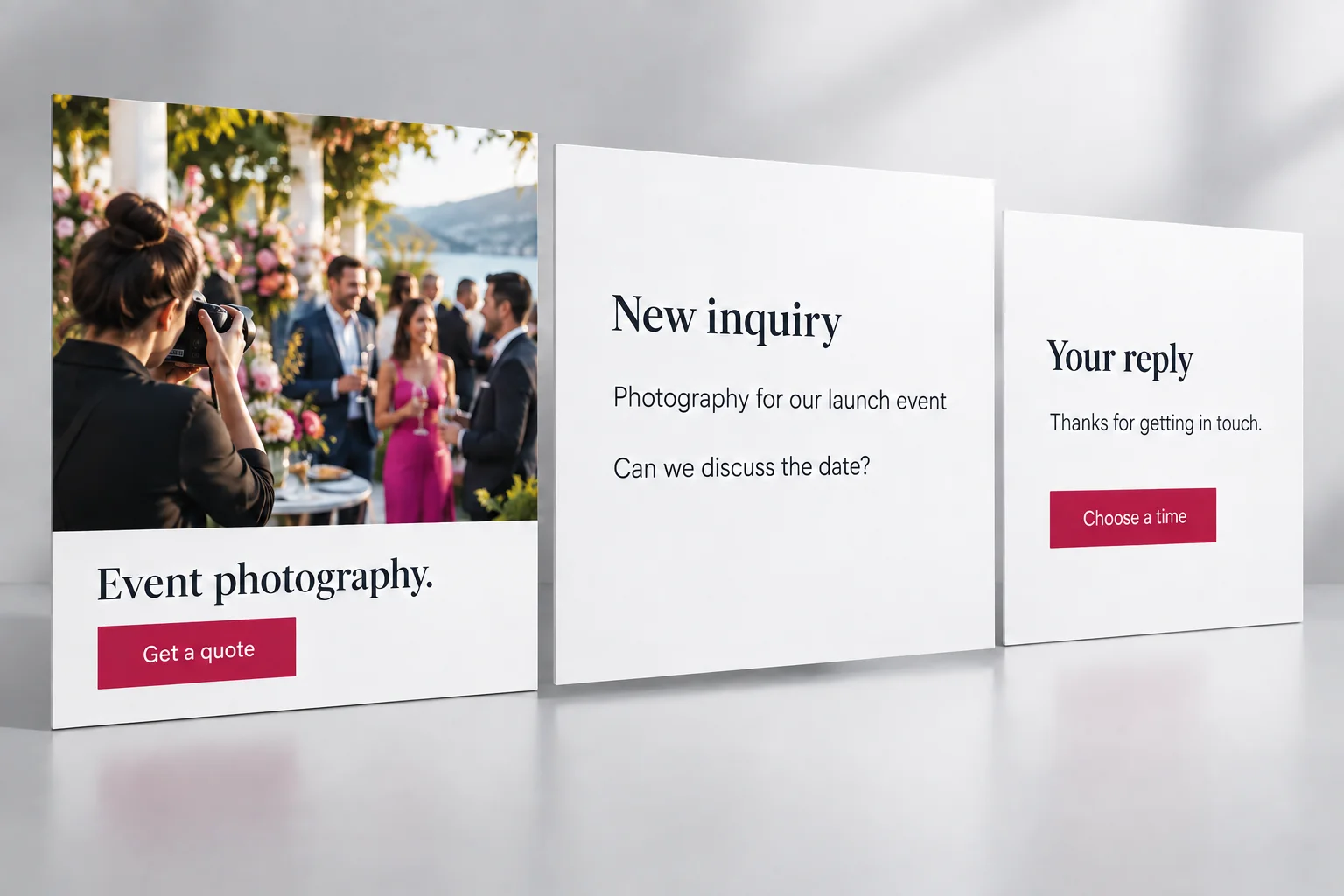 Illustrative event photography website, customer inquiry and reply offering a time to talk.